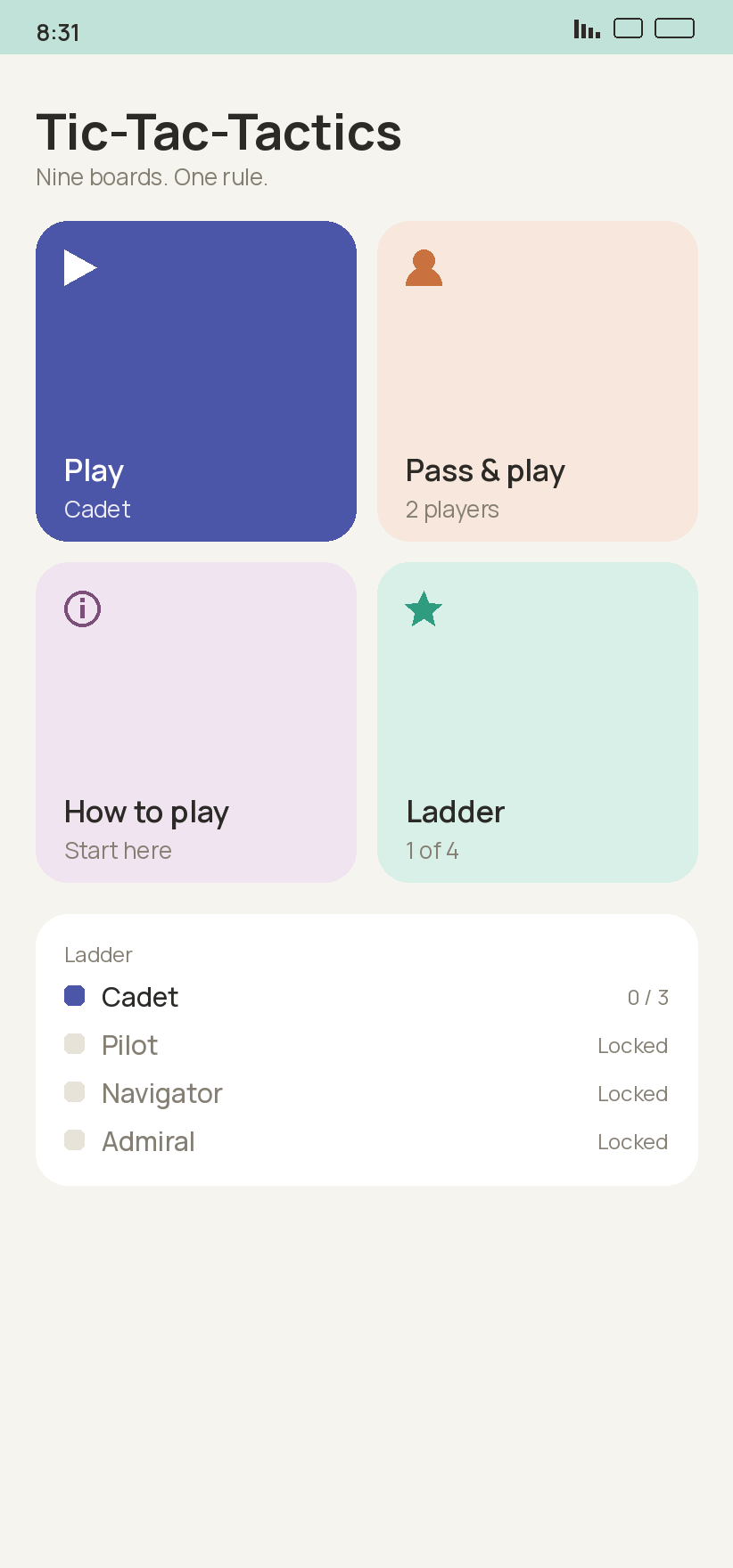 The Tic-Tac-Tactics home screen